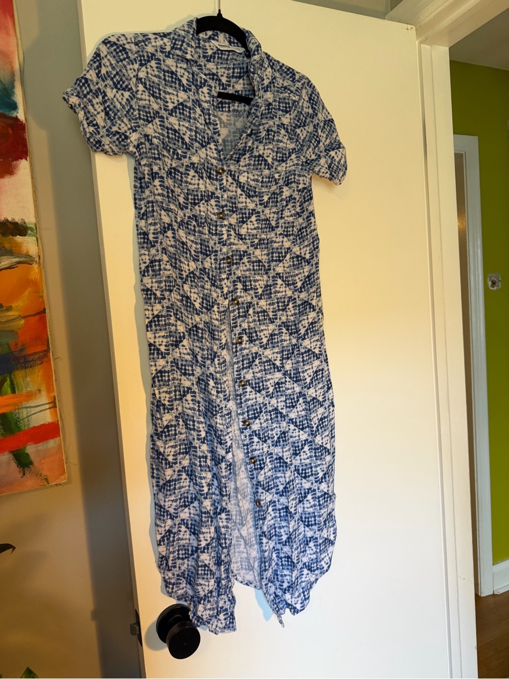 Sonoma Blue White Shibori Print Button Front Midi Shirt Dress PXS - Picture 2 of 5